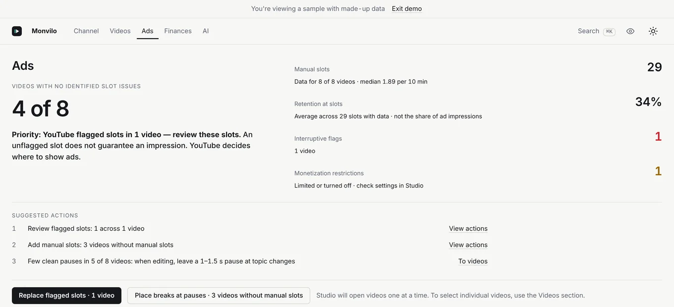 Monvilo dashboard, Ads tab: slots without issues, “interferes” flags, and next steps.
