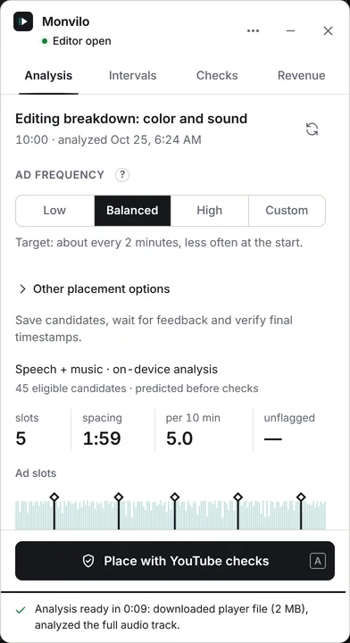 The Monvilo panel in the ad slot editor: frequency, detected pauses, and slots on the track.