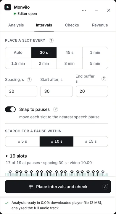 The Interval tab: step, start and end, snapping to narration pauses.