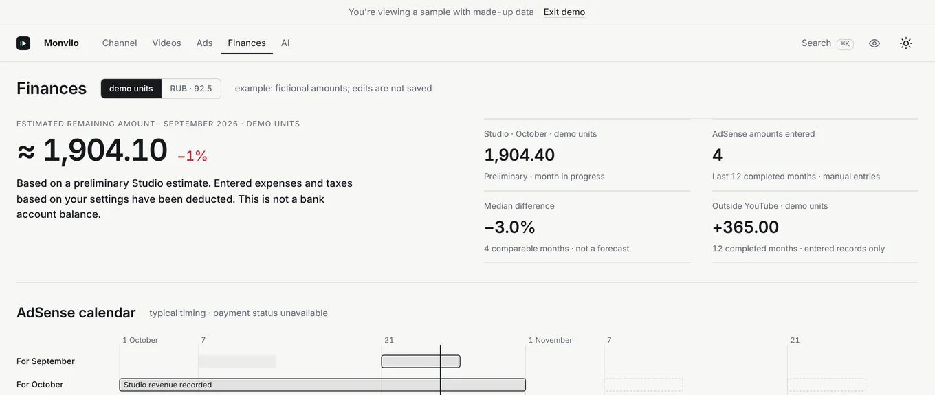 Monvilo dashboard, Money tab: Studio estimate, AdSense calendar, and balance.