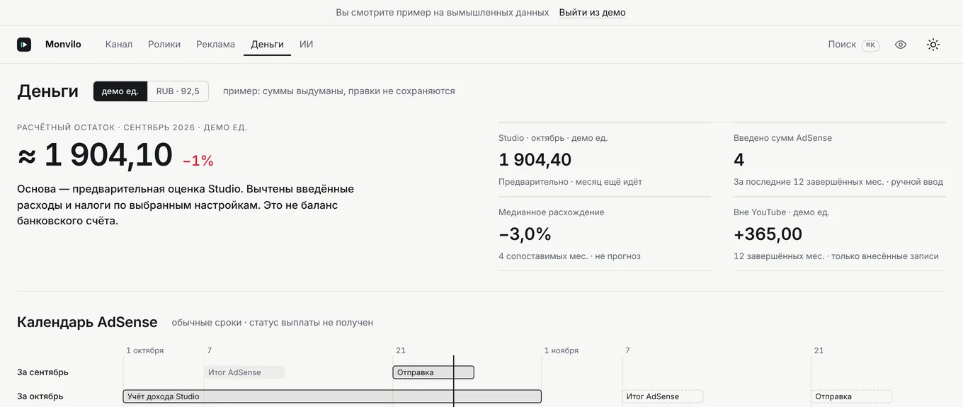 Пульт Monvilo, вкладка «Деньги»: оценка Studio, календарь AdSense и остаток.