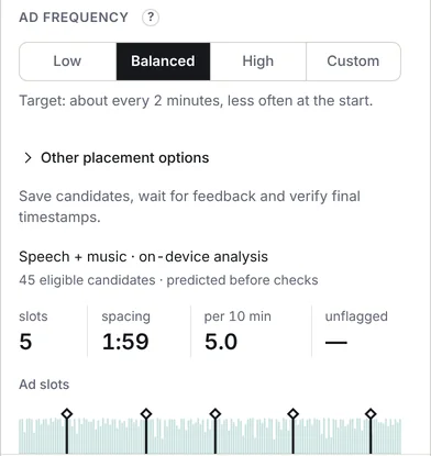 Monvilo panel in YouTube Studio: ad frequency and slots in pauses on a demo video